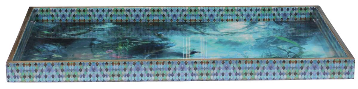 Buy in Bulk Wholesale Serving Tray in MDF - 14” Hand-Crafted Water-Blue & Green - Decorative Tray with Enamelled Peacocks Scene - Classic Serve-Ware/Decor/Gifts from India